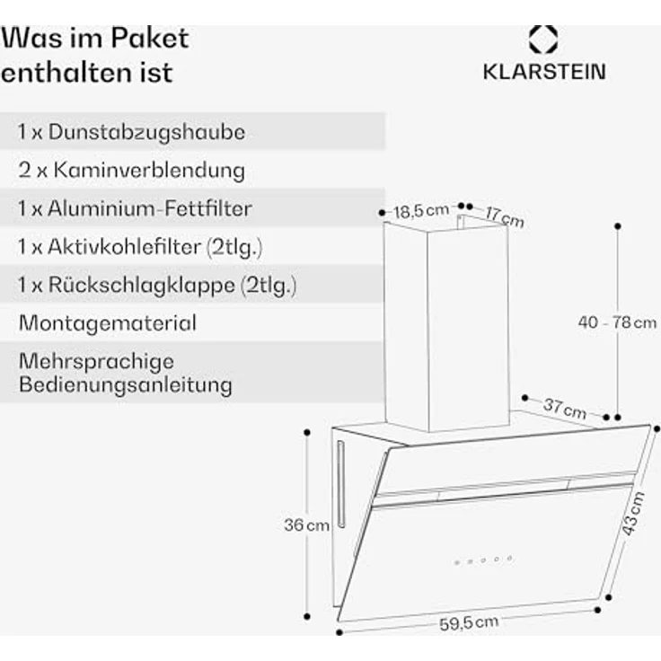 Klarstein 10040230 Wandhaube, Alina 60 Smart Dunstabzugshaube 60 cm 594 m³/h LED Ambiente-Licht Glasfront, schwarz – Bild 8