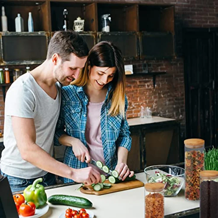 Relaxdays Vorratsgläser mit Bambusdeckel, 4er Set, runde Vorratsdosen aus Glas, 1600 ml, luftdicht, transparent/natur – Bild 3