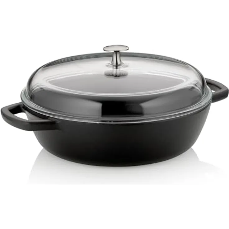 kela Schmorpfanne 28 cm hoher Rand CALIDO, Gusseisenpfanne Induktion mit Glasdeckel 3,8 l, Pfanne Gusseisen emailliert, schwarz