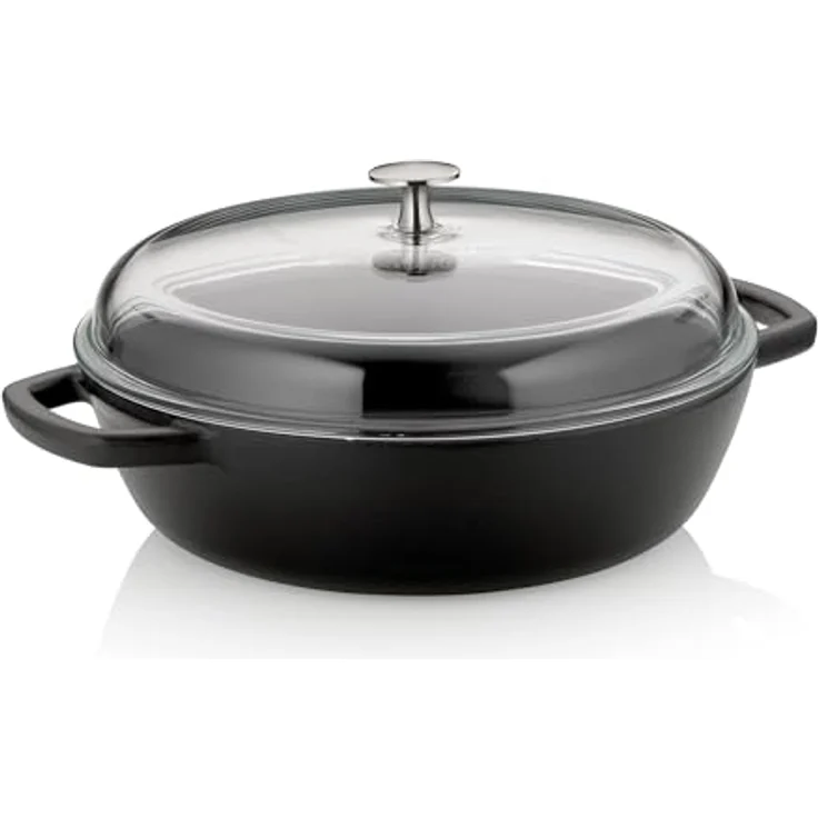 kela Schmorpfanne 28 cm hoher Rand CALIDO, Gusseisenpfanne Induktion mit Glasdeckel 3,8 l, Pfanne Gusseisen emailliert, schwarz – Bild 1