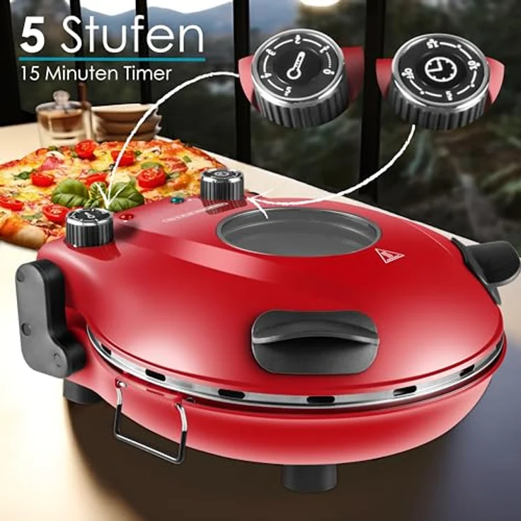 Steinborg Pizzaofen elektrisch mit 32 cm Pizzastein | 390°C | Timer | 5 Stufen | 1200 Watt | Pizza Bräter | Pizzaofenherd | rot – Bild 4