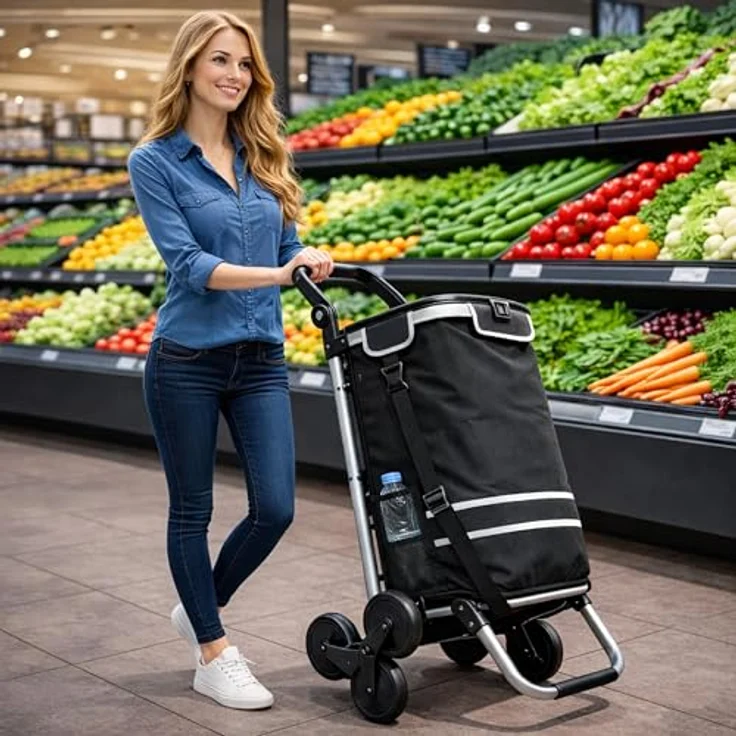 Quick Star Einkaufstrolley Faltbar, Aluminium, 58 l, 50 kg Traglast, schwarz, mit Kühlfach und Treppensteiger-Rollen – Bild 2