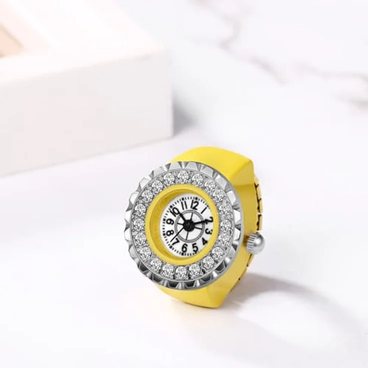 JewelryWe Ringuhr Fingeruhr Damen, Elastisch, Gelbgold Legierung, Glitzer Strass, Analog Quarz, 10m wasserdicht – Bild 3