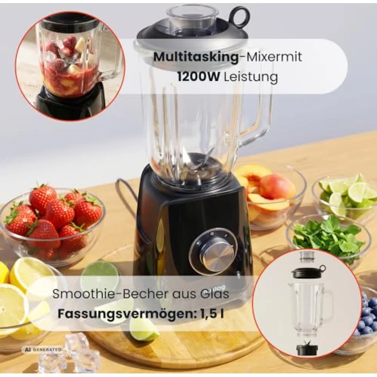 Huslog Standmixer Bechermixer 1200W, 1500 ml Behälter, Pulsfunktion, Edelstahl-Kreuzklingen, Schwarz – Bild 2
