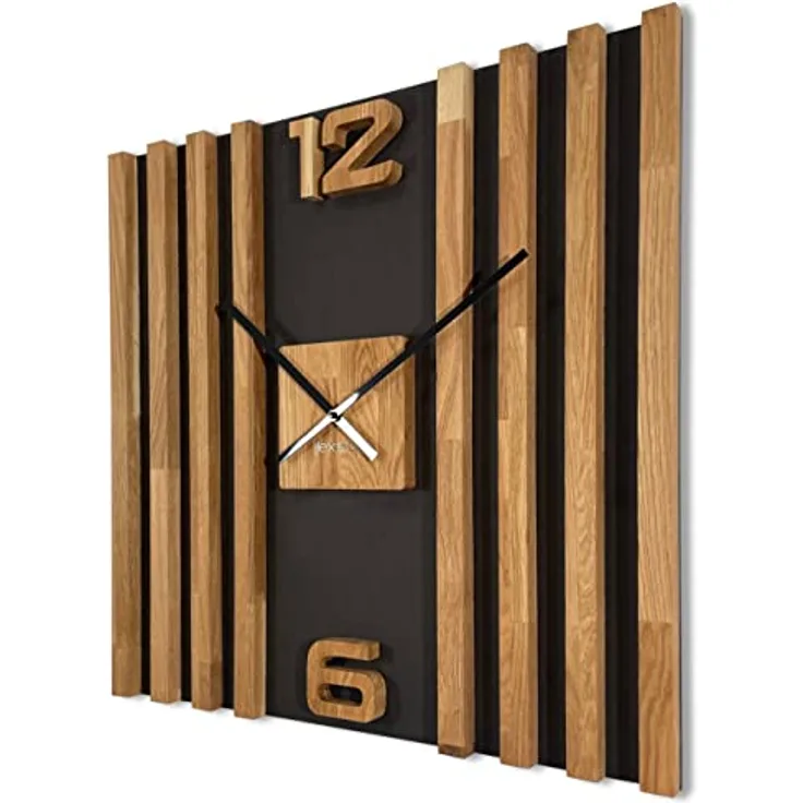 FLEXISTYLE Wanduhr groß aus Holz Lamellen SQ 60cm Holzoptik schwarz 3D Eiche modern ohne Ticken Wohnzimmer … (Schwarz/Eiche)