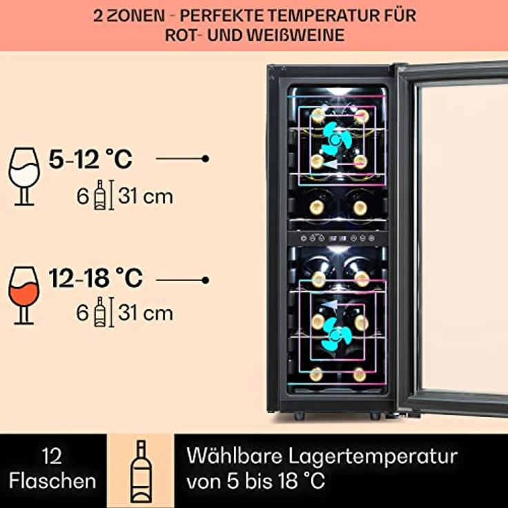 Klarstein Weinkühlschrank Freistehend, 2 Zonen mit Glastür, UV-Schutz, 5-18°C, 12 Flaschen – Bild 3