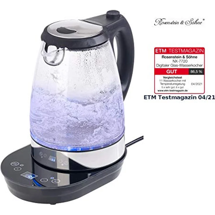 Rosenstein & Söhne Glas-Wasserkocher, 2200W, 1,7L, Temperaturwarhl, transparent, weiß – Bild 3
