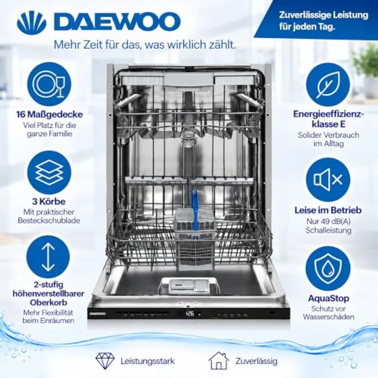 Daewoo DBFS33N49E61-DE Geschirrspüler vollintegrierbar, 60 cm, 16 Gedecke, 9 Programme, AquaStop, Halbbeladung – Bild 4