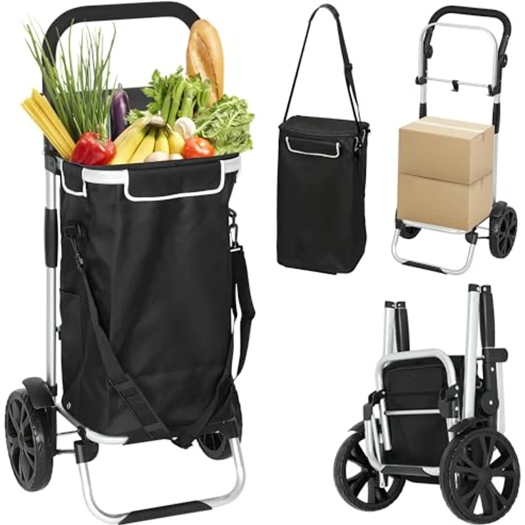 HOMCOM 3-in-1 Einkaufstrolley, klappbar mit 40L Kapazität, bis 25kg belastbar, mit Kühlfach, Treppensteiger, schwarz – Bild 1