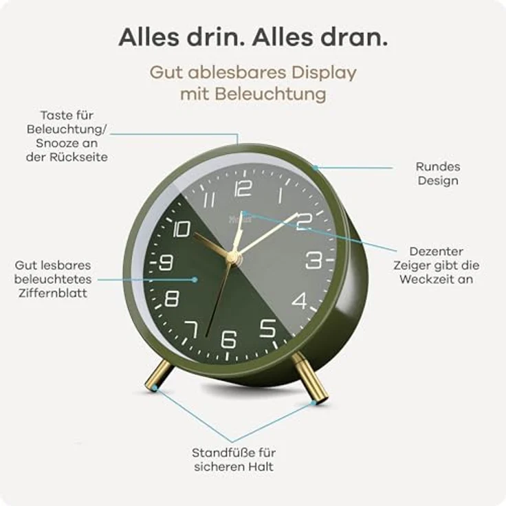 Mebus geräuschloser Wecker 56972, mit Snooze-Funktion und beleuchtetem Zifferblatt, in Grün für ruhige Nächte – Bild 5