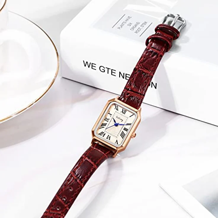 JewelryWe Uhren Damen Analog Quarz Armbanduhr mit klassischen römischen Ziffern, rechteckigem Gehäuse und braunem Lederarmband – Bild 5