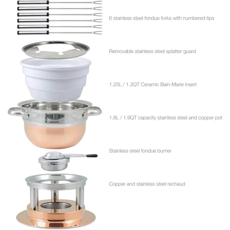 Swissmar F66415 Lausanne Fondue Set 11-teiliges, Kupfer/Edelstahl, 1.8L, Fondue-Set für Fleisch, Käse und Schokolade, für 6 Personen, Geschenkset – Bild 6