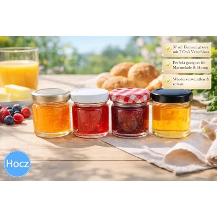 hocz 25x Mini Marmeladengläser 37 ml Set, rot kariert, luftdicht und spülmaschinenfest, ideale Einmachgläser für Marmelade und mehr – Bild 3