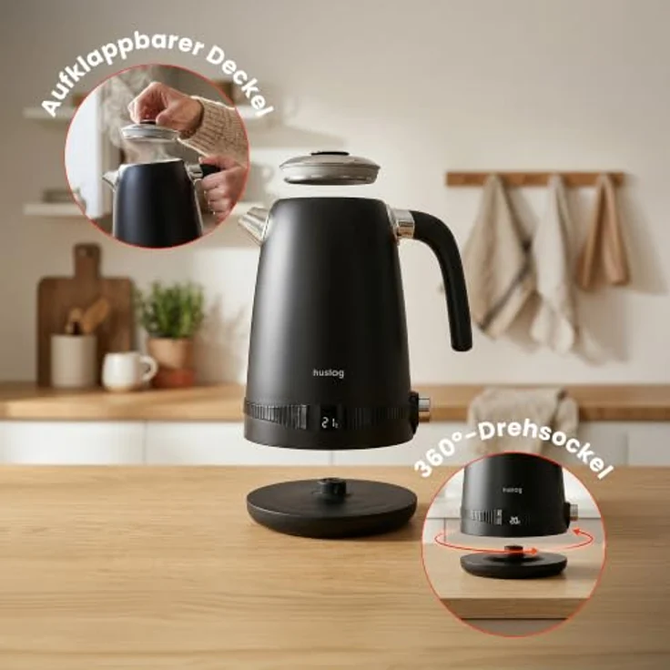 Huslog Elektrischer Wasserkocher Retro Edelstahl mit Temperaturanzeige, 1,7L, 2200W, 7-stufige Temperaturregelung – Bild 6