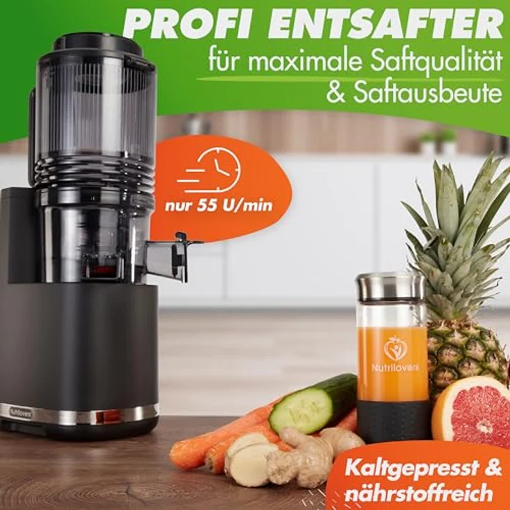 Nutrilovers NUTRI-PRESS MAX Slow Juicer, Entsafter für ganze Früchte mit XXL 150 mm Öffnung, BPA-frei, inkl. Saft-Flasche und Rezeptbuch – Bild 2