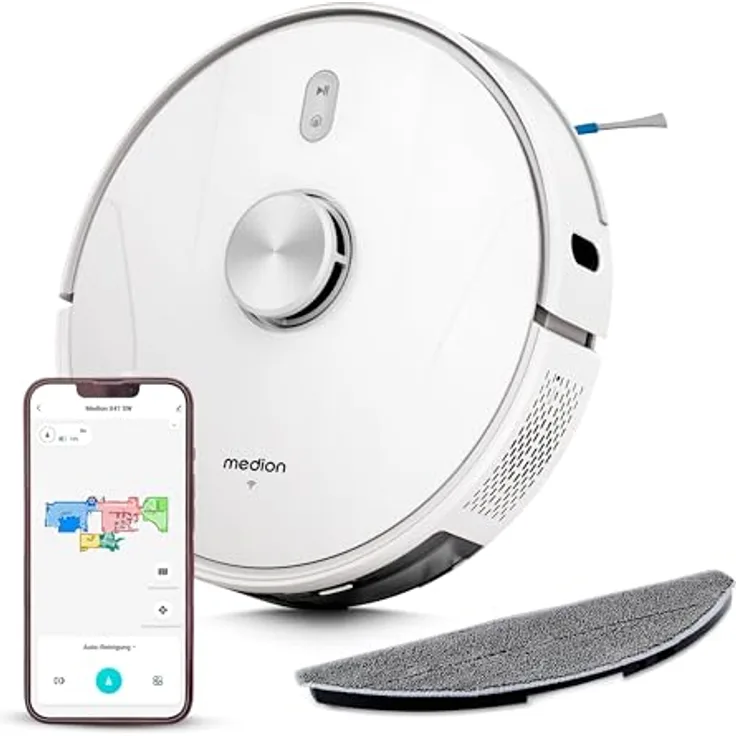 MEDION Saugroboter mit Lasernavigation und Wischfunktion X41 SW (Starke 8000Pa Saugkraft, 2in1 Roboterstaubsauger, präzise Kartenerstellung, Go & No Go Bereiche, mehrere Etagen)