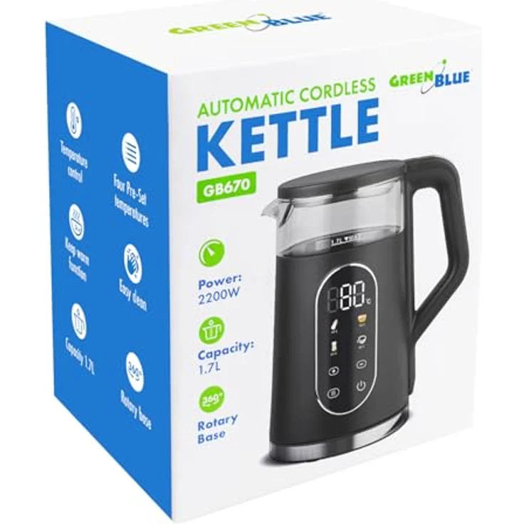 GreenBlue GB670 B, Kabelloser Wasserkocher 1,7 L mit Temperaturwahl, Glasbehälter, 2200 W, schwarz – Bild 9