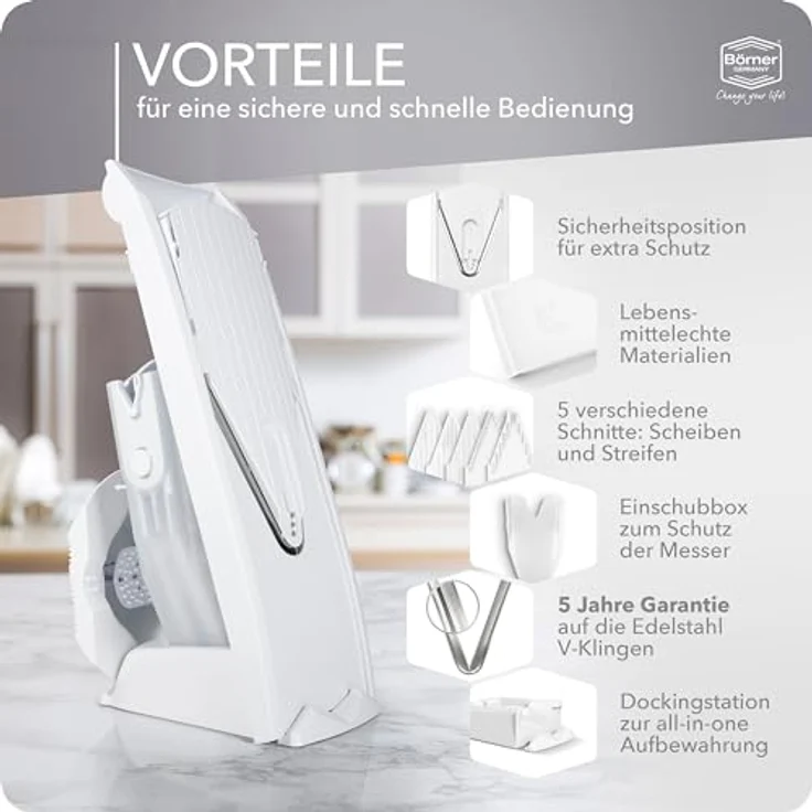 Börner Gemüsehobel V1 ClassicLine Profi Set, Kunststoff, mit 2 Messereinschüben und Dockingstation weiß – Bild 5