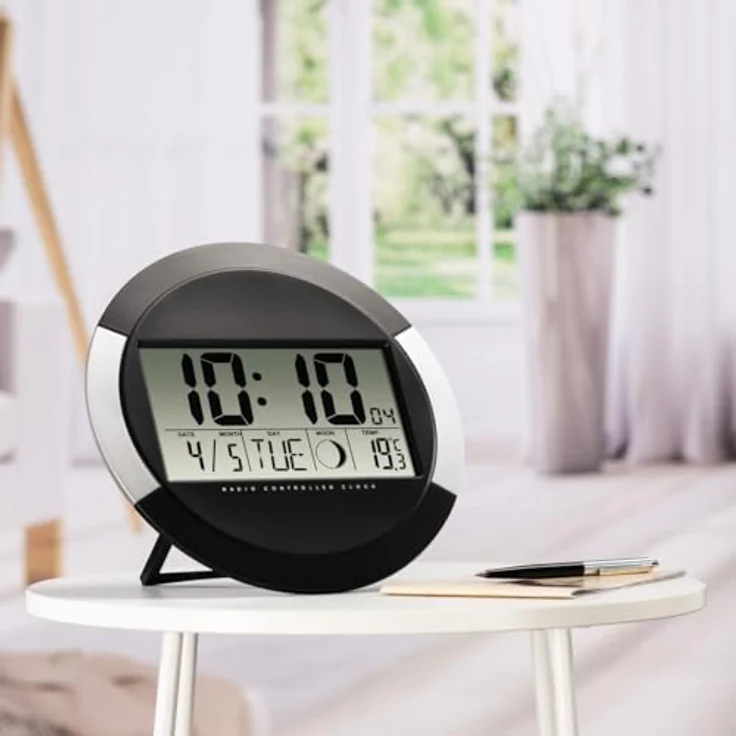 Hama Wanduhr Digital mit Funk (Funkuhr ohne tickgeräusche, LCD-Display, Thermometer, Kalender, Mondphase) schwarz- Silber – Bild 6