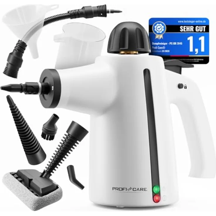 ProfiCare Dampfreiniger Handgerät PC DR 3145, 3,7 bar, 105°C, 1050W, mit 5m Kabel & 9-teiligem Zubehör, desinfiziert, entfettet, für Auto, Küche, Bad, Polster