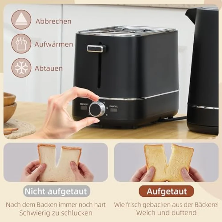 HOMCOM Toaster Wasserkocher Set 2200 W 1,7L Schwarz, mit Aufwärm- und Auftaufunktion, Kalkfilter – Bild 4