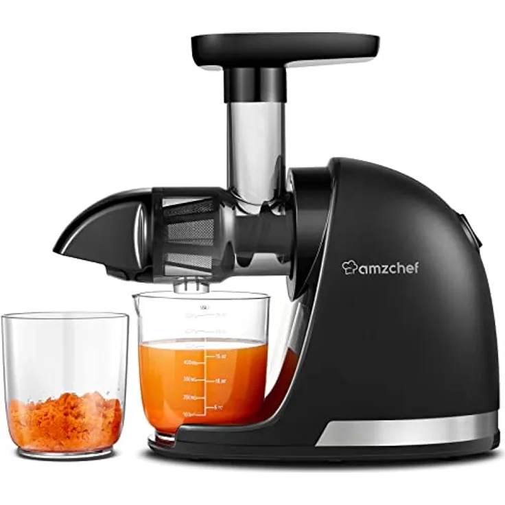 AMZCHEF Entsafter Slow Juicer mit Rückwärts-Kau-Funktion - Zartes Zerkleinern ohne Filtern - Elektrische Saftpresse mit Bürste und 2 Tassen, Mattschwarz