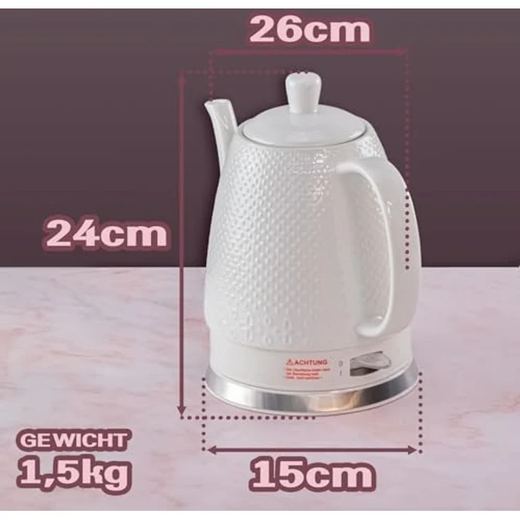 KVOTA Elektrischer Wasserkocher aus Keramik Sakura, 1,5 Liter, weiß, 1500 W, Schwanenhals – Bild 4