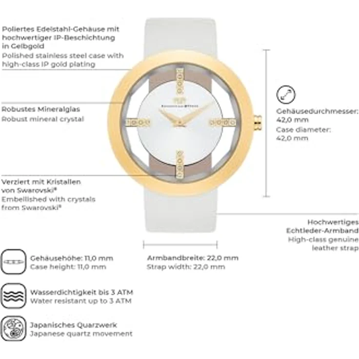 Rhodenwald & Söhne Quarzuhr Lucrezia creme-weiß, aus Edelstahl, mit Swarovski®-verzierten Strich-Indices und Sunray-Effekt – Bild 3