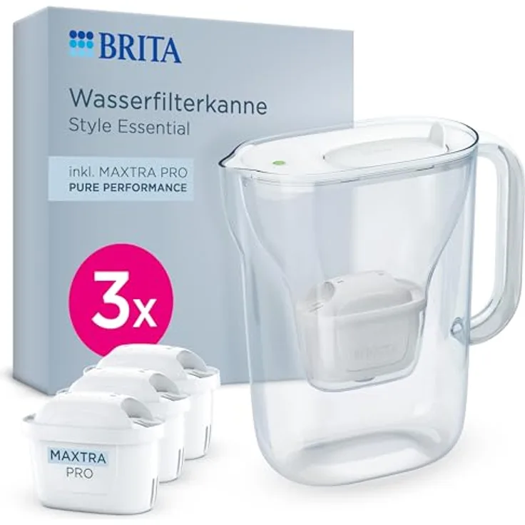BRITA Wasserfilter Kanne Style Essential weiß (2,4l) mit 3x MAXTRA PRO Pure Performance – Kühlschrankgeeignet, Smart Light LED & Klapp-Deckel, filtert Verunreinigungen & sorgt für puren Geschmack