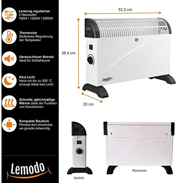 LEMODO Elektroheizung | Mobile Konvektor Heizung | Elektrische Heizung mit 3 Leistungsstufen (750W / 1.250W / 2.000W) | Heizgerät ohne Gas und ohne Öl | Energiesparender Elektroheizkörper – Bild 3