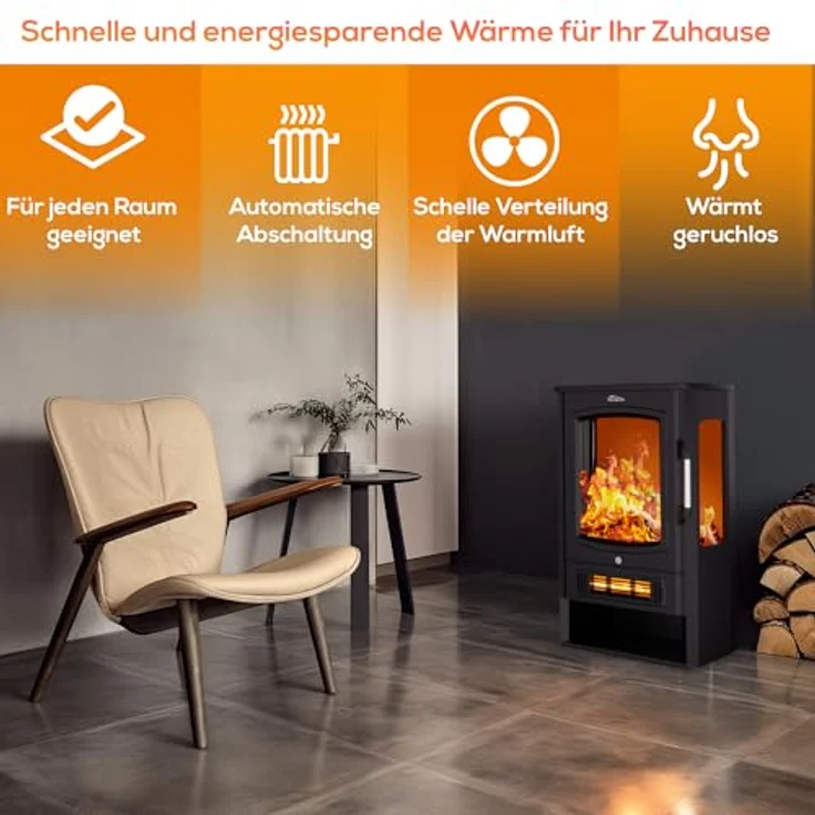 TroniTechnik Heizgerät Elektrokamin Kaminfeuer, LED Flammeneffekt elektrisch 1000/2000 Watt, 2000 W, Standkamin mit Heizung, Thermostat Panorama-Sichtfenster Heizfunktion – Bild 4