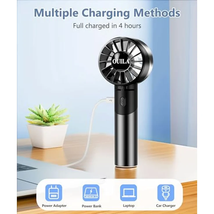 OUILA Handventilator, Mini Ventilator 2600mAh, USB aufladbar, Metallwerkstoff, 4 Geschwindigkeiten bis 7000rpm, 16 Std. Betriebszeit, tragbar, Schwarz – Bild 4
