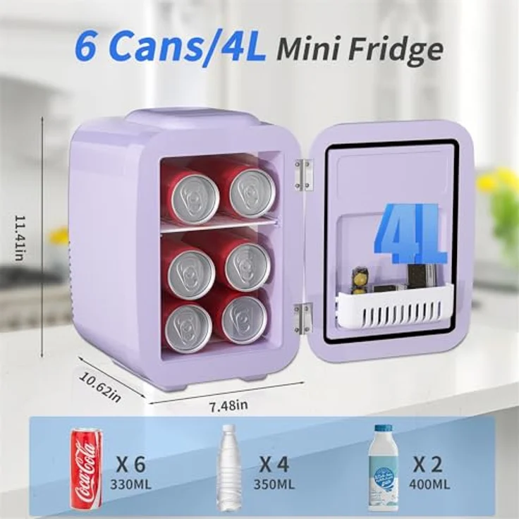YASHE Mini Kühlschrank 4L, tragbarer Kühlschrank für Kosmetik und Getränke, 220V AC/12V DC, thermoelektrische Kühlung und Erwärmung, leiser Betrieb, lila – Bild 2