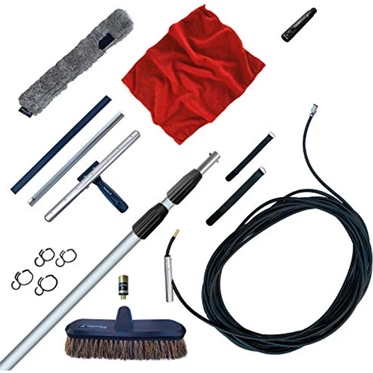 FenWi 4m Wasserteleskopstange im Set zur Glasflächen und Wintergarten Reinigung/wasserführende Fensterwischer und Waschbürste komplett mit 15m Wasserdurchlauf Schlauch