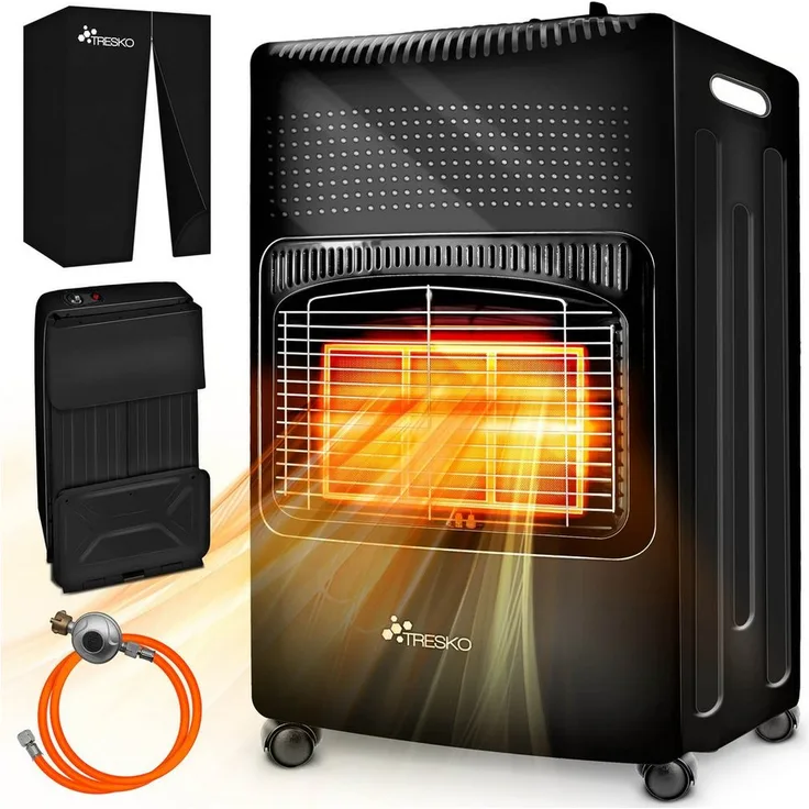 TRESKO Heizstrahler 4200 W Gasheizung + Abdeckung Gasheizer 3 Stufen Gasofen Gasheizofen, Stabiles Stahlgehäuse, für Innen- und Außenbereich, 15 kg Gasflaschen, 360° Rollen - Preisvergleich