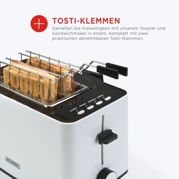 BOURGINI Bourgini Toaster mit extra breiten Schlitzen für Sandwiches - Weiß - Multifunktionaler Sandwichtoaster mit brötchenaufsatz und 2 Scheiben Langschlitz – Bild 3