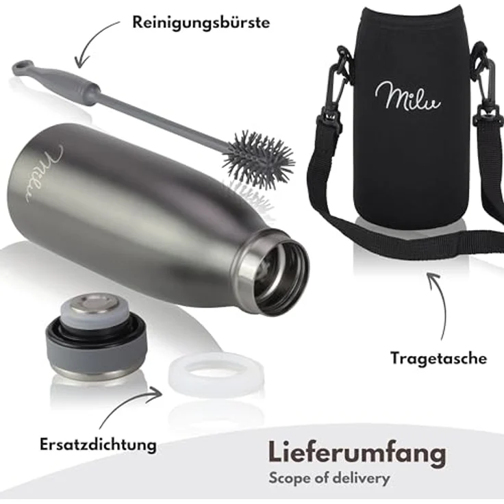Milu Edelstahl Trinkflasche 350ml – Auslaufsichere Thermosflasche für Kinder und Erwachsene, ideal für kohlensäurehaltige Getränke, Grau – Bild 5