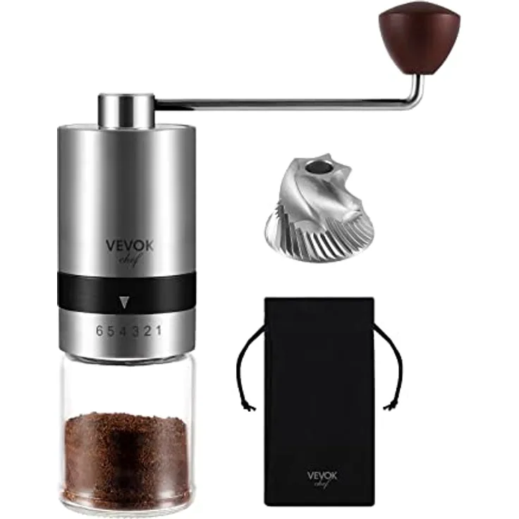 VEVOK CHEF Manuelle Kaffeemühle Edelstahl mit 6 Einstellmöglichkeiten, tragbare Handkurbelmühle für Zuhause und Camping