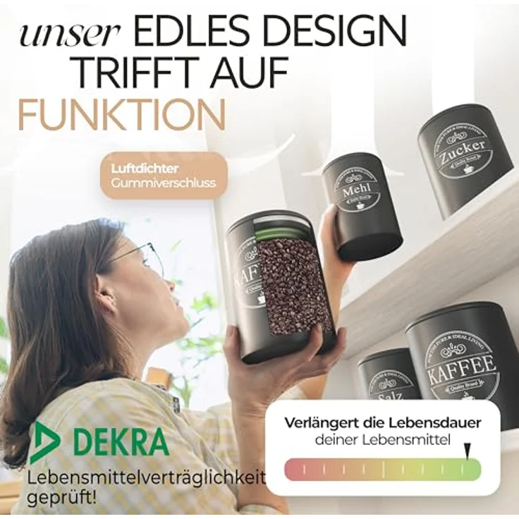 IDEALTASTIC® Premium Kaffeedose luftdicht [500g], robuste Vorratsdose für gemahlenen Kaffee & Bohnen, mit flexiblen Inhaltstickern für Zucker, Müsli und mehr, DEKRA geprüft – Bild 4