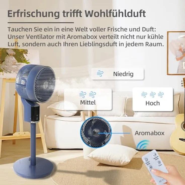 Be Cool Design-Standventilator 26cm, 50 Watt, 3D-Oszillation, höhenverstellbar 80-105 cm, 12 Std. Timer, Aromabox, mit Fernbedienung, blau – Bild 3