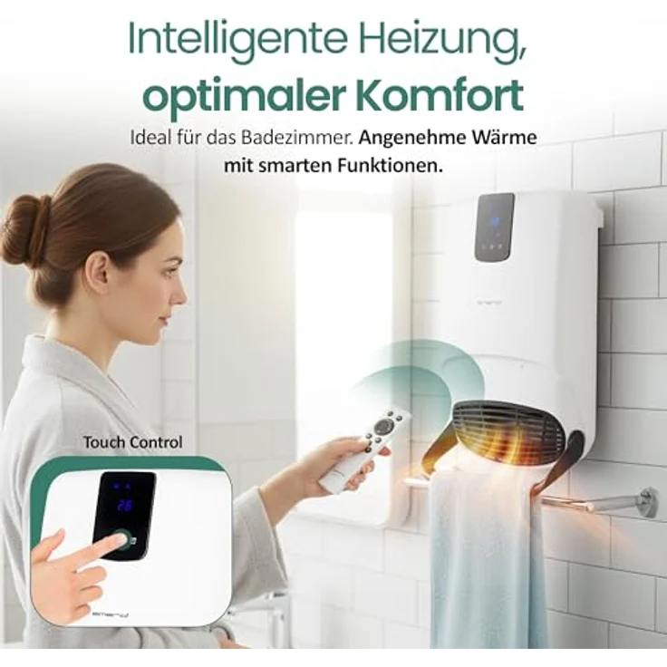 Emerio BH-123818 Bad Heizlüfter, 2000W, für Räume bis 20 m², IP23, 2 Heizstufen, einstellbarer Thermostat, 24h Timer, Handtuchhalter, Wandmontage, Ventilatorfunktion, Touch Display – Bild 2