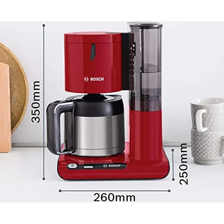 Bosch Filterkaffeemaschine Styline TKA8A054, Edelstahl-Thermokanne 1,1 L, für 8-12 Tassen, abnehmbarer Wassertank, Tropfstopp, schwenkbarer Filterträger, Kabelstaufach, 1100 W, rot – Bild 4