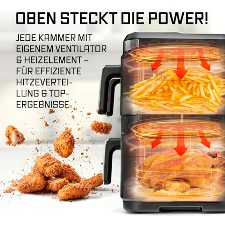 GOURMETmaxx FryUp3, Vertikale Heißluft-Fritteuse mit 3000W, 17l, 3 Frittierkammern und Sichtfenster, schwarz/Edelstahl – Bild 5