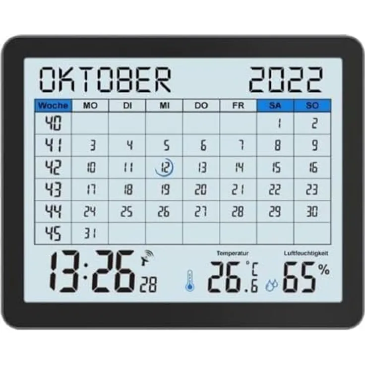Techno Line WT2600, Tischuhr Funk-Uhr mit Tischkalender, DCF-77, 12/24h-Zeitanzeige, Innentemperatur- und Luftfeuchtigkeitsanzeige, zwei Weckalarme, schwarz