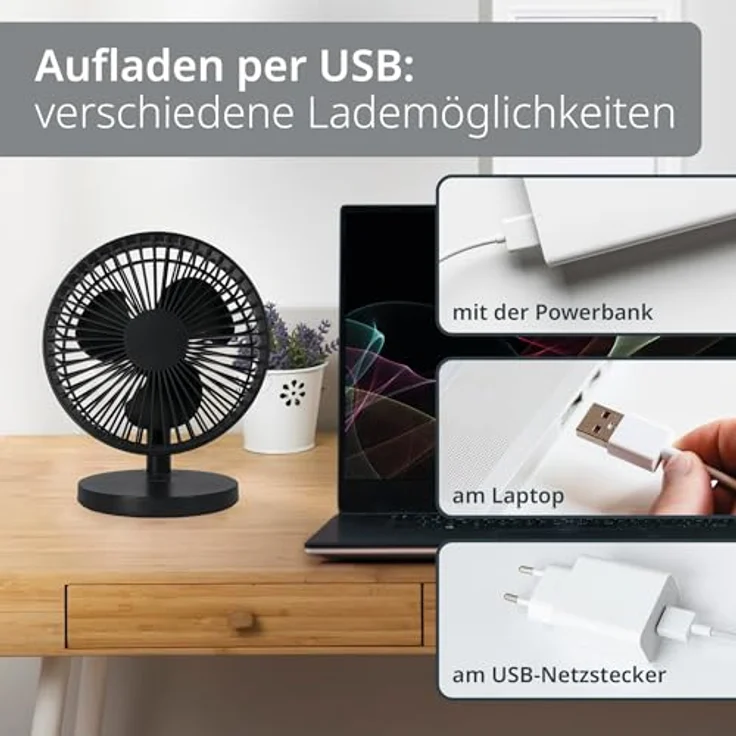 ADE USB Tischventilator, sehr leise mit 3 Stufen, Akku bis 7,5 h, 2.000 mAh, 90° Neigungswinkel, anthrazit – Bild 5