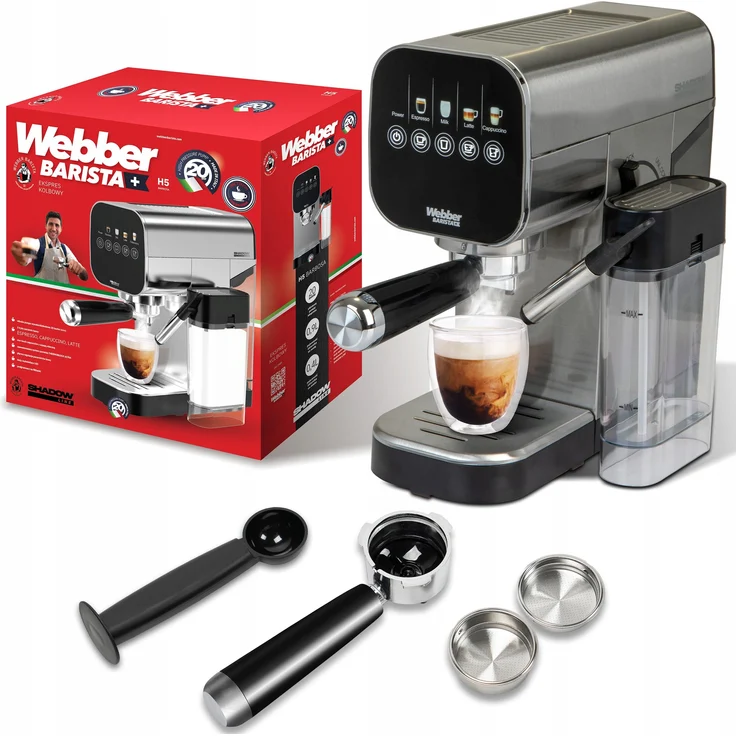WEBBER H5 BARBOSA, Espressomaschine mit 1350 W, 20 BAR Hochdruckpumpe, 1 l Wassertank, Schwarz und Edelstahl
