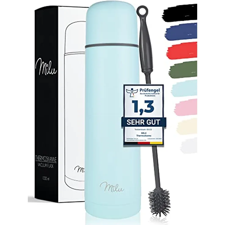Milu Thermosflasche Thermoskanne Isolierflasche 1L, 750ml, 500ml - Isolierte Edelstahl Trinkflasche, 100% Auslaufsicher, Doppelwandisolierung (Babyblau, 750 ml)