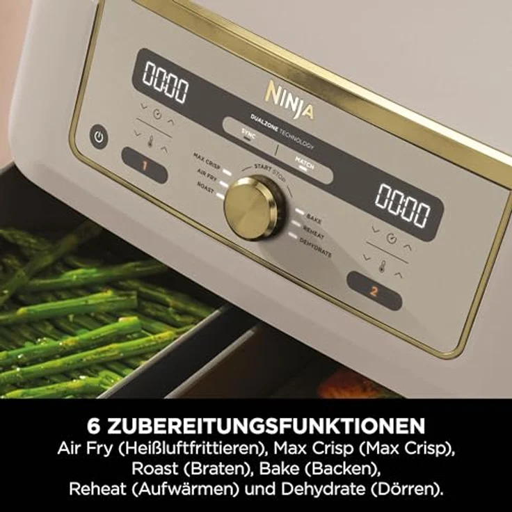 Ninja DZ400EUSTGD Dual Zone Digital Air Fryer, 2 Schubladen, 6-in-1 Heißluftfritteuse, 9,5L, Stone Gold, spülmaschinenfeste Körbe, Max Crisp, Rösten, Backen, Aufwärmen, Dörren – Bild 5