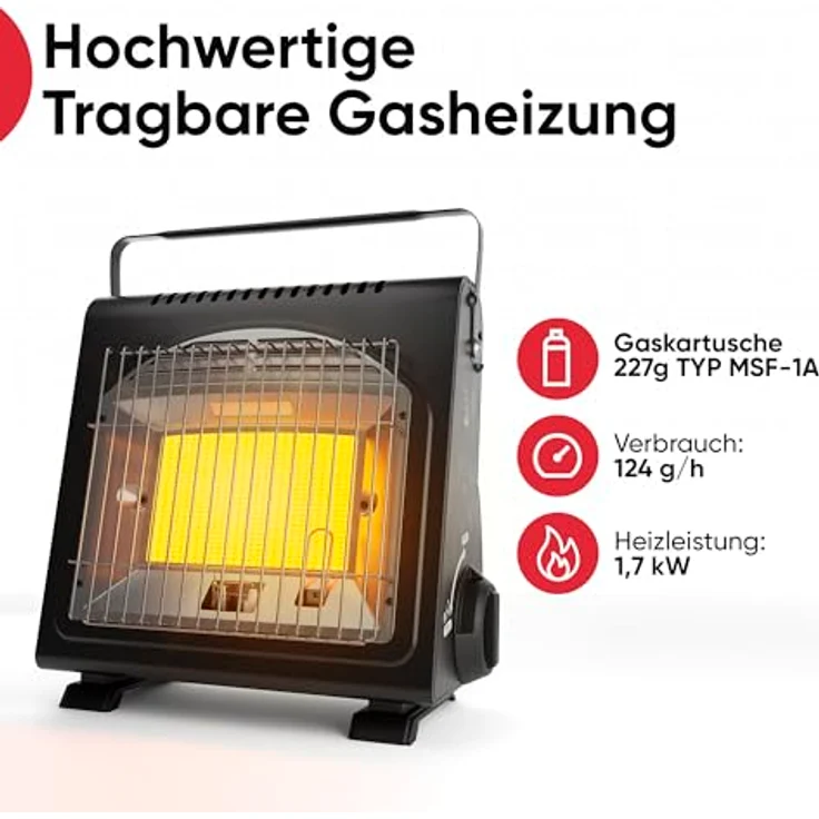 EVOCAMP Heizgerät mit Piezozündung, tragbar, 1,7 kW für Camping, Sauerstoffmangelsicherung, für Gaskartuschen MSF-1A – Bild 2