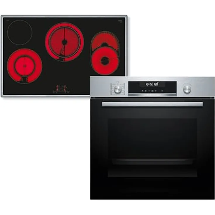 Bosch HBD672LS83 Einbau-Backofen-Set, 60 cm Backofen HBG578BS3 & 80 cm Elektro-Kochfeld PKH845BB1D, Pyrolyse, Air Fry, Touch Select, Edelstahl, 71 l, Bräterzone